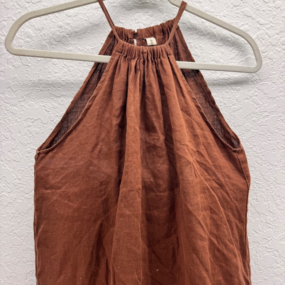 Amazhiyu Womens Small Brown 100% Linen Halter Midi Dress Boho Coastal Resort - Picture 3 of 9